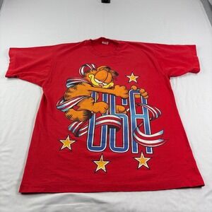 Vintage 90s Garfield Shirt Mens XL Red Graphic Print Crew Neck Single Stitch